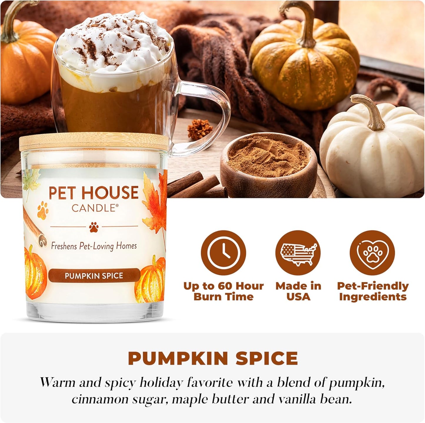 - 100% Natural Soy Wax Candle - Pet Odor Eliminator, up to 60 Hours Burn Time, Non-Toxic, Eco-Friendly Reusable Glass Jar Scented Candles – Pumpkin Spice - Pack of 2