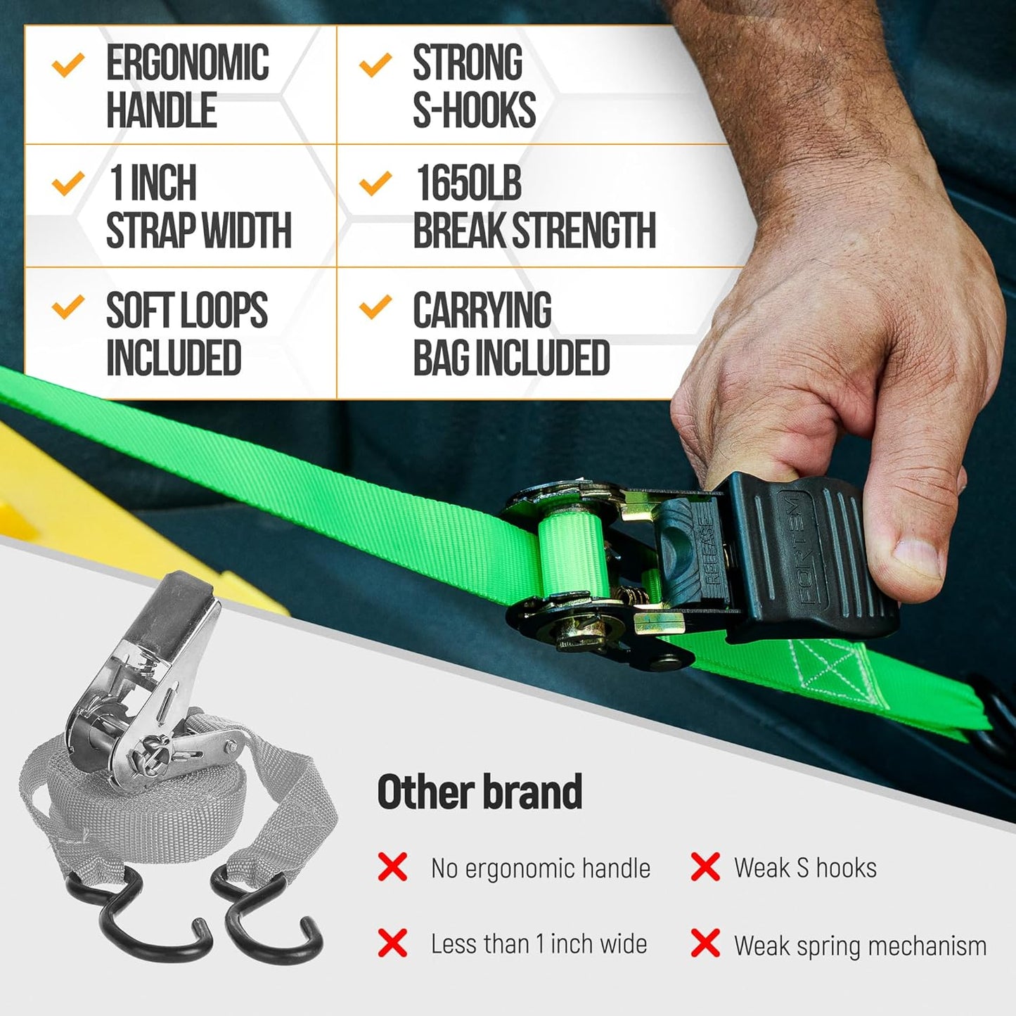 Ratchet Straps, Tie down Strap Set 1650Lb Break Strength, 4 Pack 15Ft X 1In, 4 Soft Loops, Moving Straps Tie Downs, Cargo Cam Buckles for Trucks, Carry Bag, for Men