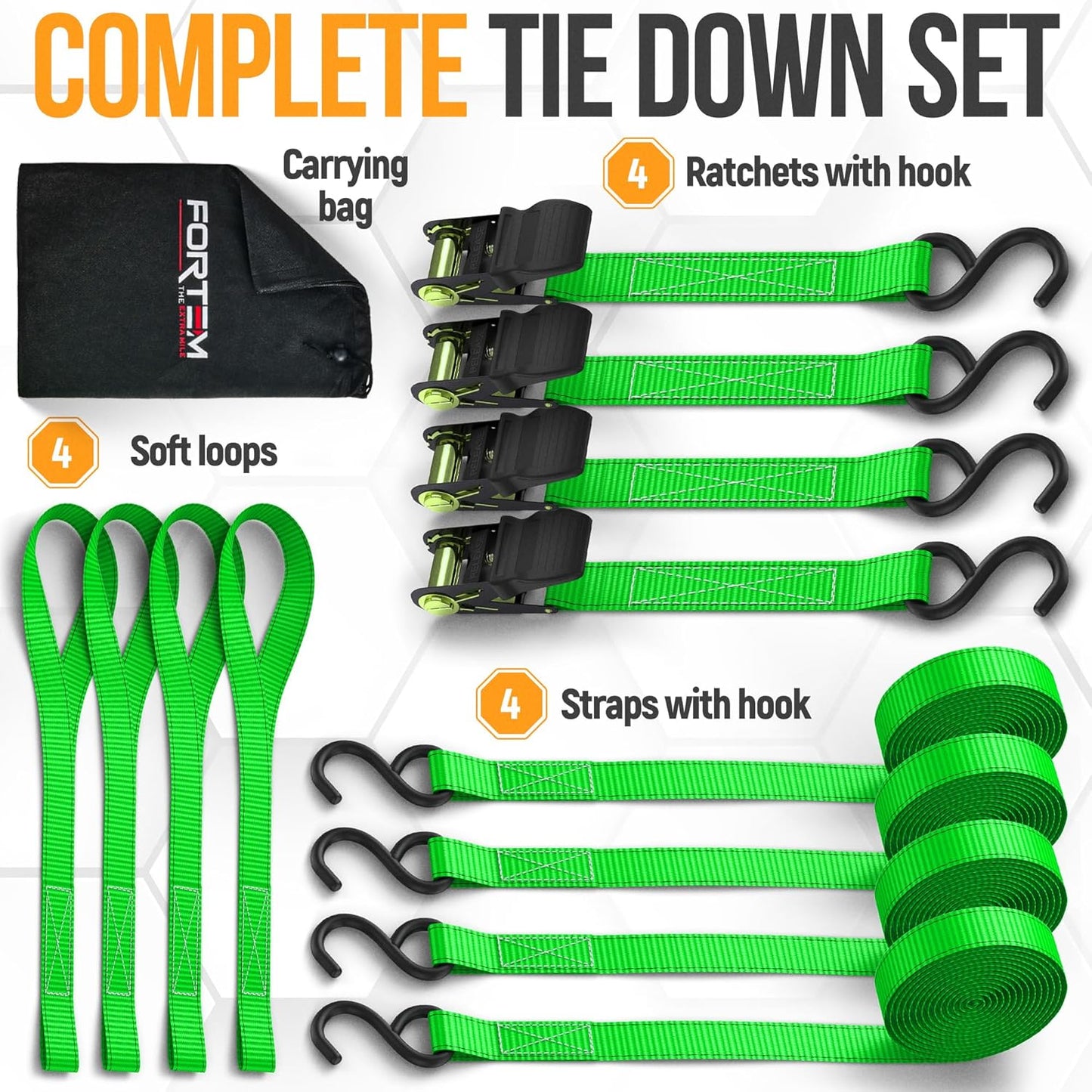 Ratchet Straps, Tie down Strap Set 1650Lb Break Strength, 4 Pack 15Ft X 1In, 4 Soft Loops, Moving Straps Tie Downs, Cargo Cam Buckles for Trucks, Carry Bag, for Men