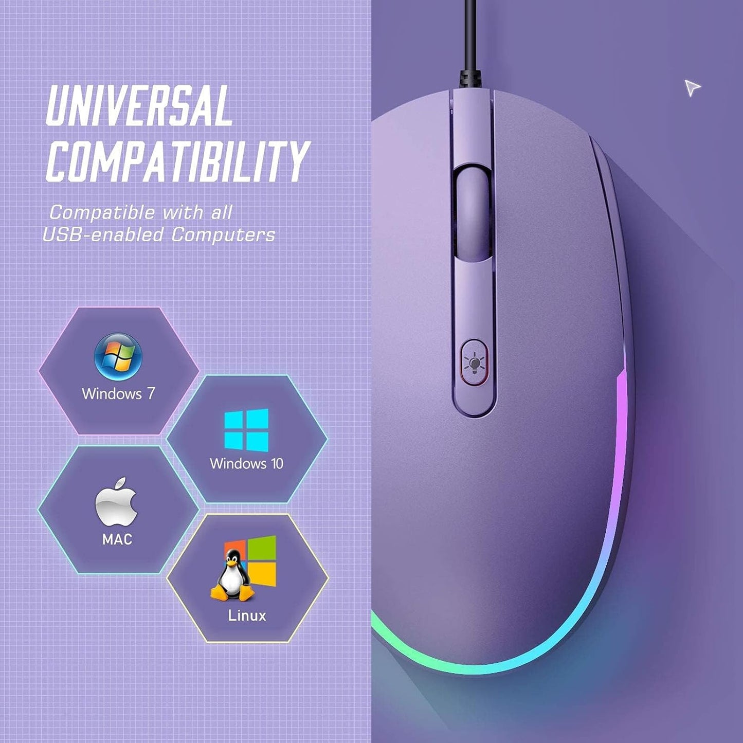 Wired Mouse - USB Computer Mouse Wired with RGB Backlit Optical LED Mouse with Attached USB Cord for Laptops Notebooks Chromebook - Purple