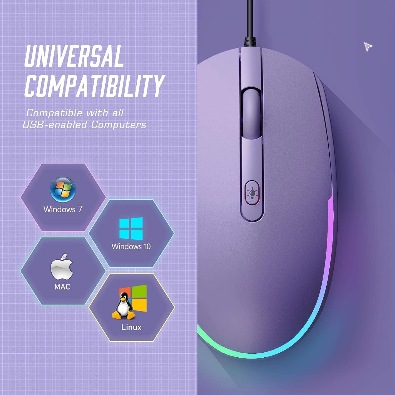 Wired Mouse - USB Computer Mouse Wired with RGB Backlit Optical LED Mouse with Attached USB Cord for Laptops Notebooks Chromebook - Purple
