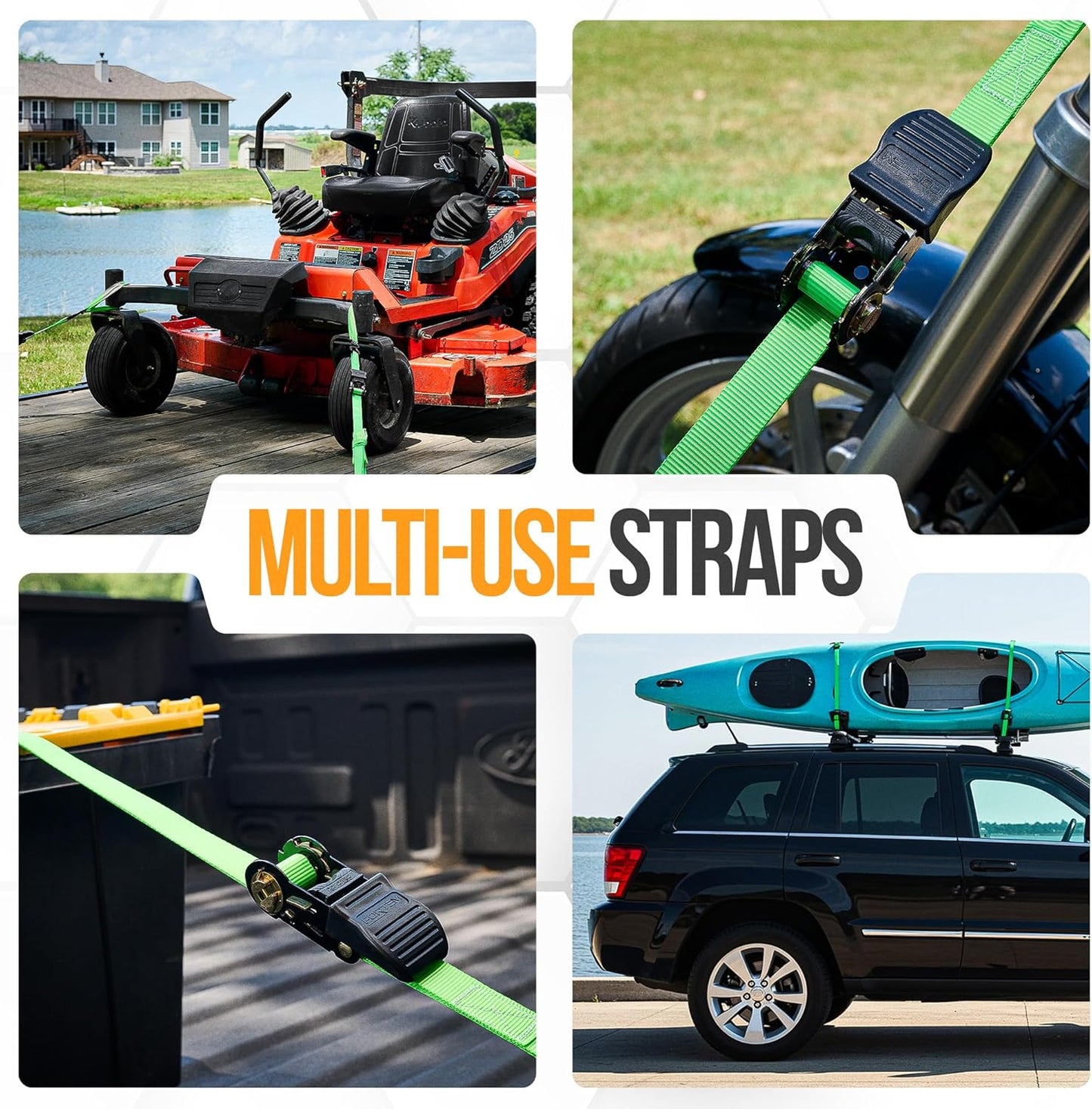 Ratchet Straps, Tie down Strap Set 1650Lb Break Strength, 4 Pack 15Ft X 1In, 4 Soft Loops, Moving Straps Tie Downs, Cargo Cam Buckles for Trucks, Carry Bag, for Men