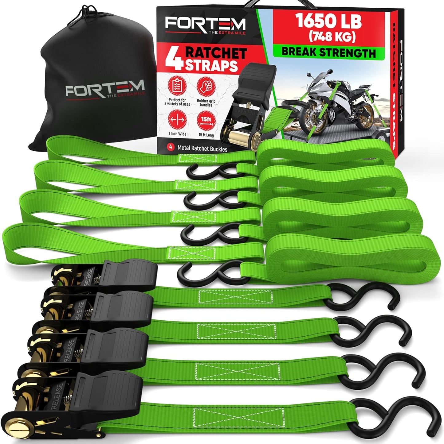 Ratchet Straps, Tie down Strap Set 1650Lb Break Strength, 4 Pack 15Ft X 1In, 4 Soft Loops, Moving Straps Tie Downs, Cargo Cam Buckles for Trucks, Carry Bag, for Men