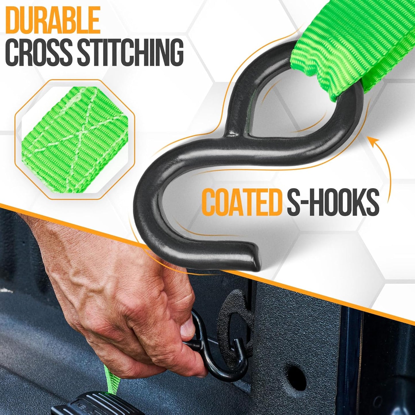 Ratchet Straps, Tie down Strap Set 1650Lb Break Strength, 4 Pack 15Ft X 1In, 4 Soft Loops, Moving Straps Tie Downs, Cargo Cam Buckles for Trucks, Carry Bag, for Men